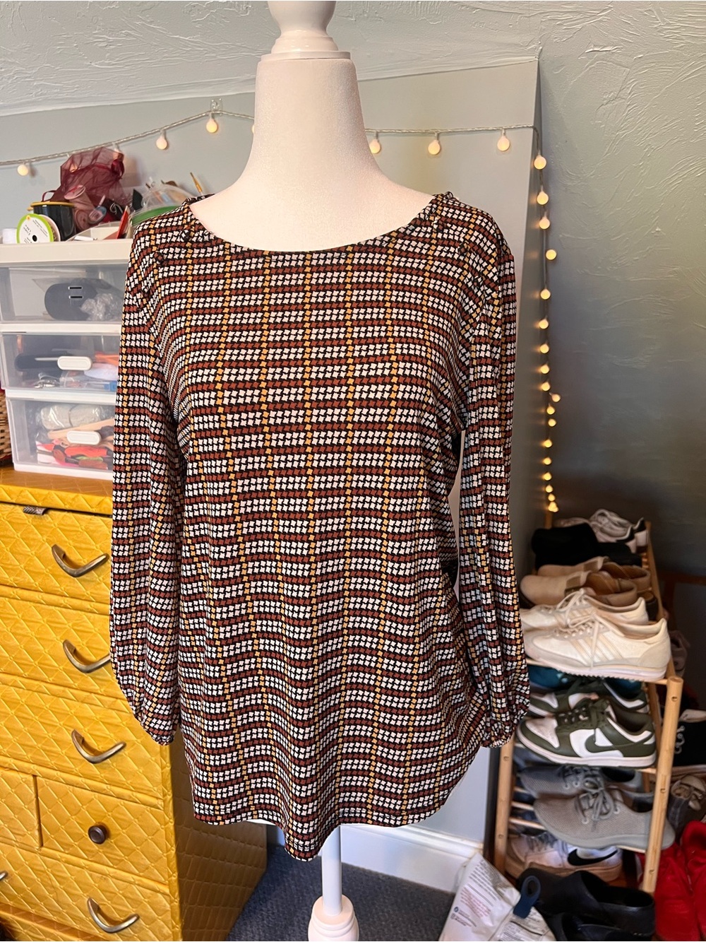 Adrianna Papell Brown and Cream Check Long Sleeve Top